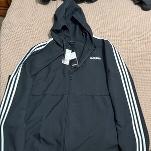 Adidas Men's Black Windbreaker with White Stripes
